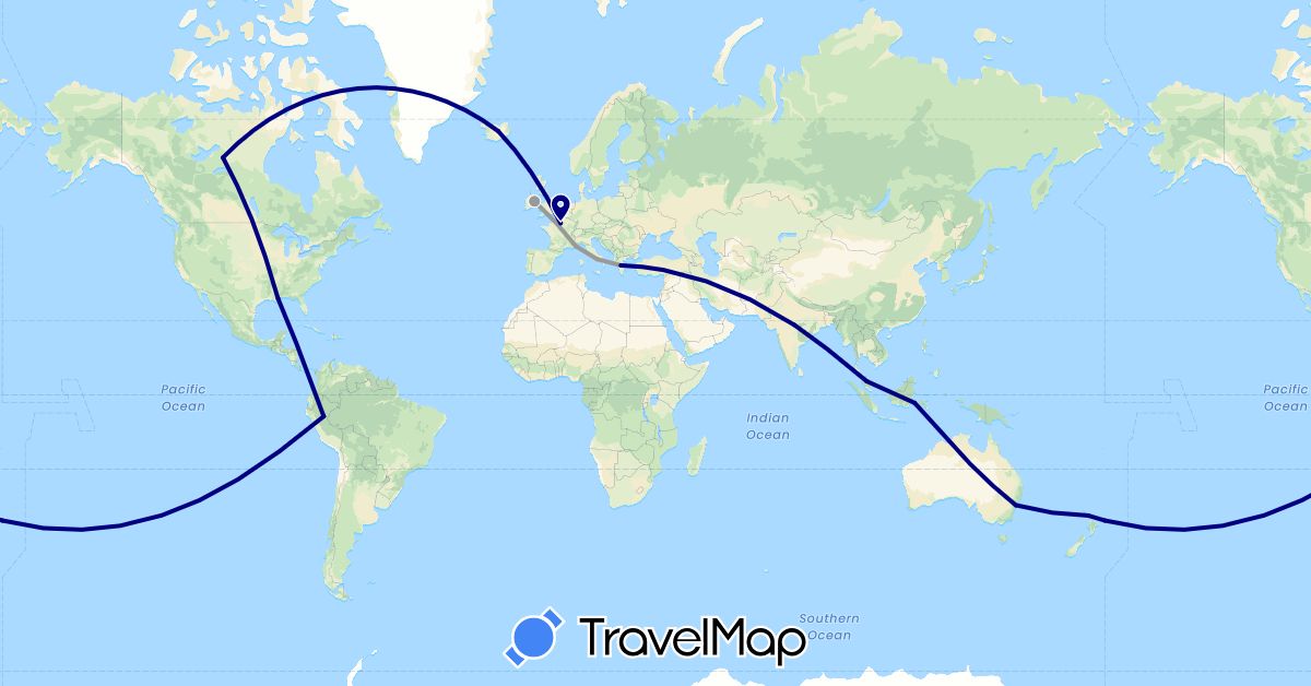 TravelMap itinerary: driving, plane in Australia, Canada, France, Greece, Indonesia, Ireland, India, Iceland, Italy, Malaysia, New Zealand, Peru, United States (Asia, Europe, North America, Oceania, South America)